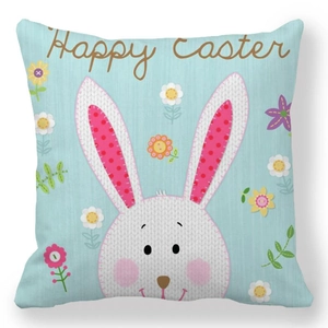 Happy Easter throw pillow cover featuring cute white rabbit and floral pattern on light blue