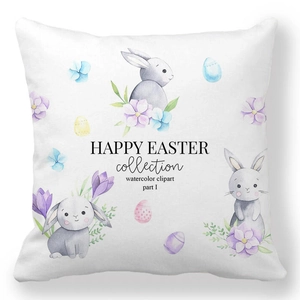 Detailed watercolor pattern of Easter bunnies and eggs on white throw pillow case
