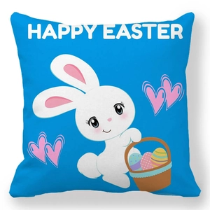 Detail of Happy Easter pillowcase featuring a white bunny with colorful eggs and blue fabric