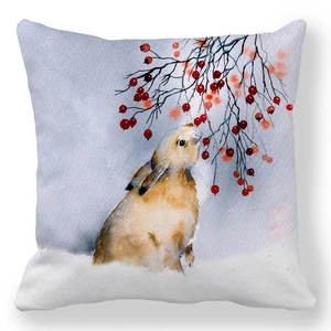 Detail of artistic watercolor rabbit and red berry snow scene on peach skin pillowcase