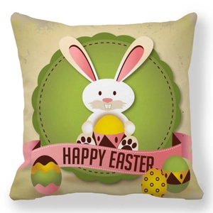 Detail of Happy Easter peach skin pillowcase showing cartoon rabbit and egg graphics