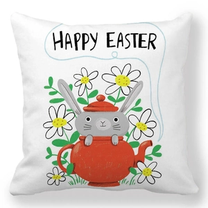 Detail of Easter pillowcase featuring a rabbit in a teapot with Happy Easter text