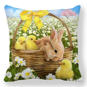 Detail of Easter pillowcase featuring bunny, chicks, and daisies on peach skin fabric