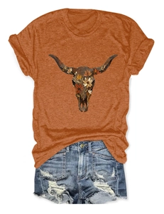 Detail of floral longhorn skull print on terracotta cotton short sleeve T-shirt