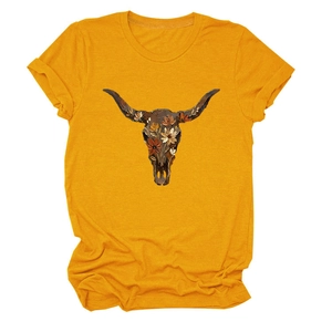 Close-up of bohemian floral bull skull print on ginger yellow cotton crewneck t-shirt