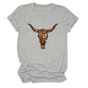 Detail of grey crew neck t-shirt featuring bohemian floral bull skull graphic print
