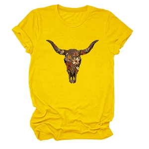 Detail of yellow round neck T-shirt featuring a western longhorn skull and floral print
