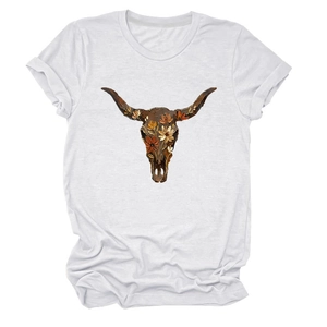 Detail shot of boho floral bull skull print on a white cotton crew neck short sleeve t-shirt