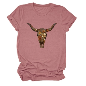 Detailed view of bohemian bull skull and floral print on a mauve short sleeve t-shirt