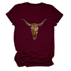 Detail showing the sunflower floral bull skull print on a burgundy short sleeve T-shirt