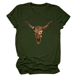 Detail of bohemian bull skull and floral print on dark green short sleeve T-shirt