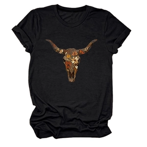 Detail of vintage bull skull and floral print on black cotton crew neck t-shirt