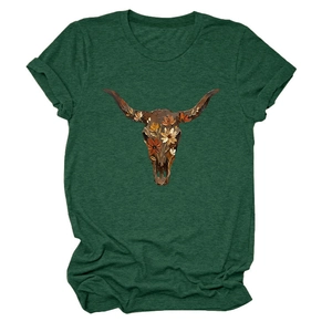 Detail of floral longhorn skull print on forest green crew neck t-shirt for women