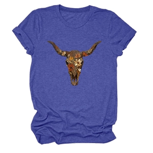 Close-up of a floral bull skull print on a navy blue round neck short sleeve T-shirt