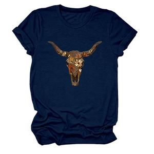 Close-up of bohemian floral bull skull print on a navy blue cotton short sleeve T-shirt