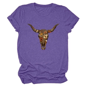 Detail of floral longhorn skull print on soft heather purple crewneck t-shirt