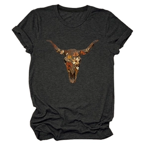 Detail of floral longhorn bull skull graphic print on dark grey crew neck cotton T-shirt