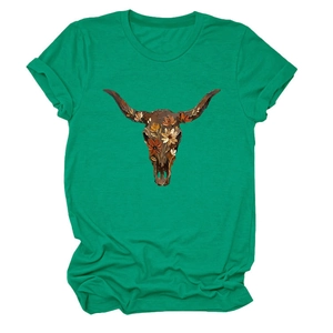 Detail of bohemian bull skull and floral print on green cotton crew neck T-shirt