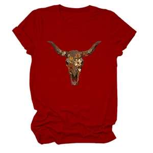 Close-up of bohemian floral bull skull print on dark red cotton crew neck T-shirt