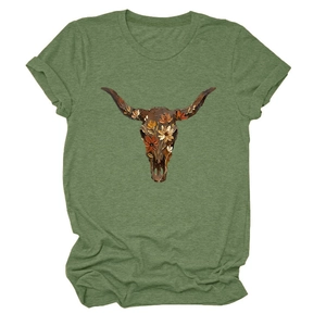 Close-up of cattle skull floral print on olive green short sleeve cotton t-shirt