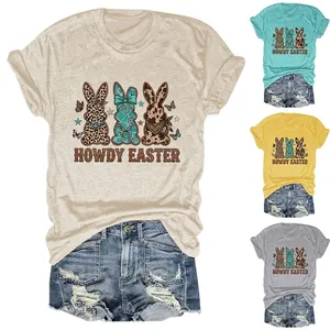 T-Shirt Femme Mélange De Coton Col Rond Manches Courtes Rétro Western Bohème Graphique Lapin De Pâques Hauts Décontractés