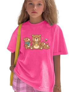 T-shirt rose pour enfants à manches courtes avec trois ours mignons et pots de miel