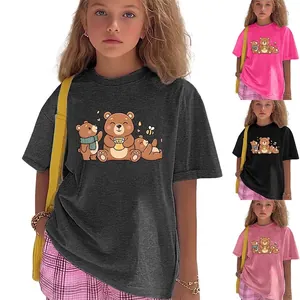 T-Shirt Enfants Imprimé Ours Dessin Animé Miel Mélange Coton Polyester Manches Courtes Col Rond Hauts Décontractés Pour Garçons Filles