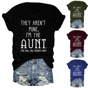Detail view of casual crew neck t-shirts with letter print in four available colors