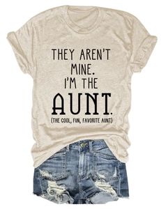 Detail of oat beige cotton t-shirt with They Aren't Mine I'm The Aunt slogan print