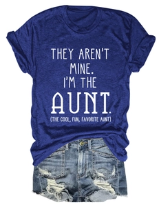 Flat lay of blue cotton t-shirt with aunt slogan paired with frayed denim shorts