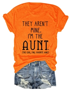 Detail of orange cotton t-shirt with aunt theme print and distressed denim shorts