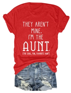 Red cotton T-shirt with 'I'm the Aunt' slogan and distressed blue denim shorts