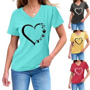 Detail view of women's V-neck T-shirt showing nautical heart print in four available colors