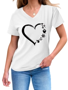 Detail of V-neck white cotton T-shirt featuring nautical heart print and palm tree graphics