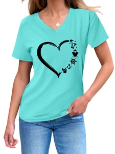 Detail of the V-neck t-shirt with heart-shaped summer nautical icons and palm tree print
