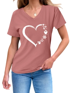 Close-up of V-neck t-shirt featuring nautical heart print with palm tree and boat