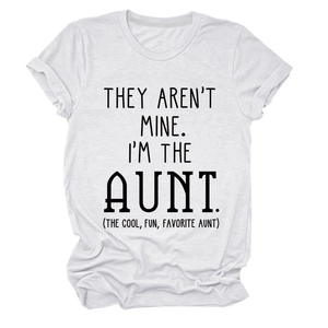 Close-up of white cotton t-shirt with black Aunt slogan print and ribbed crew neck