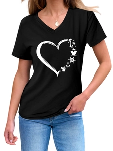 Detail of V-neck T-shirt showing black cotton fabric with heart-shaped vacation print