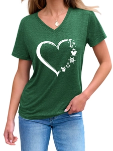 Close-up of V-neck dark green T-shirt with white heart-shaped nautical graphic print