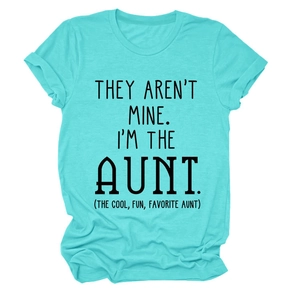 Detail of teal crew neck t-shirt featuring bold black 'THEY AREN'T MINE' text print