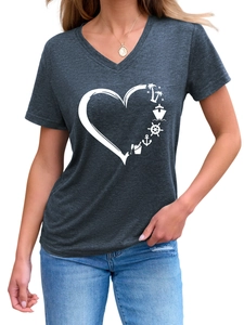 Detail of V-neck heather grey t-shirt featuring a white nautical heart print with palm trees