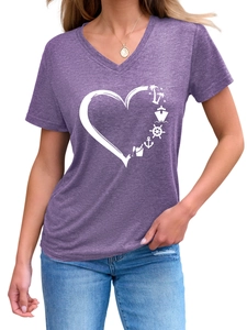 Close-up of purple V-neck T-shirt with heart-shaped tropical coconut tree and boat print