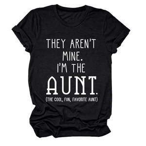 Close-up of black cotton T-shirt with rolled sleeves and white slogan print for aunts