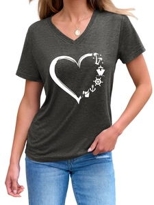 Detail view of heart-shaped graphic with palm trees and anchor on V-neck grey t-shirt