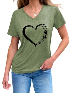 Close-up of heart-shaped nautical print on green V-neck cotton blend casual T-shirt