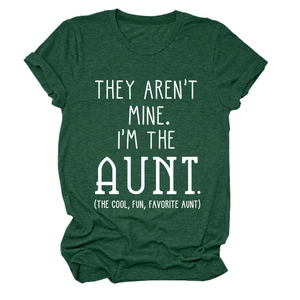Detail of dark green crew neck T-shirt with white 'I'M THE AUNT' graphic print
