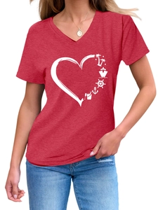 Detail of red V-neck T-shirt featuring a white nautical heart print with palm trees