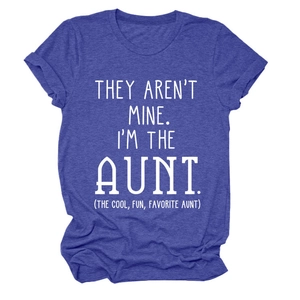 Detail view of purple crewneck T-shirt featuring white bold graphic aunt slogan text