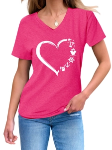 Detail of pink V-neck T-shirt showing white heart print with tropical cruise and palm elements