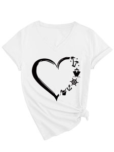 Detail of V-neck white tee featuring a nautical heart print and trendy side-knot hem